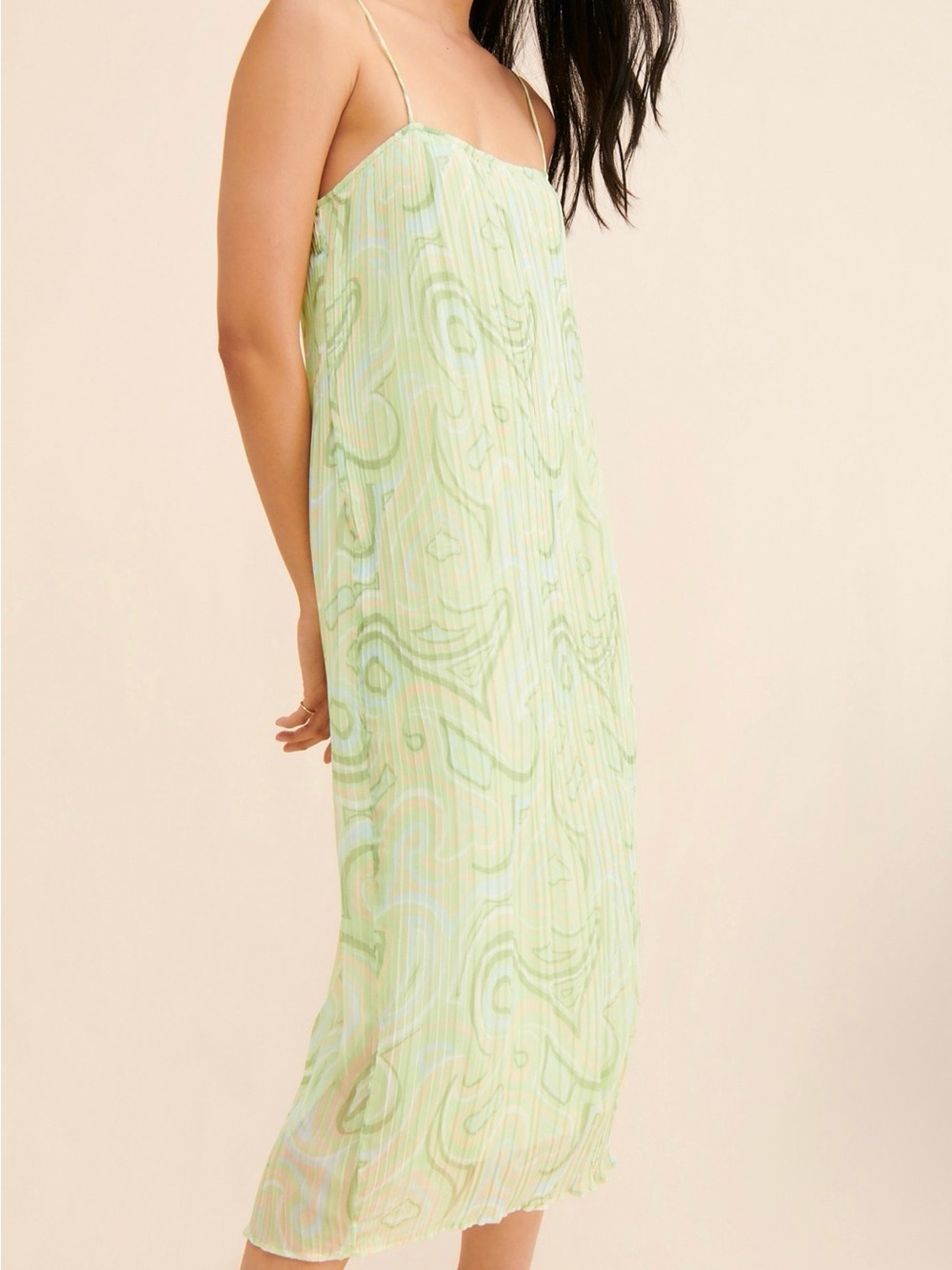 Ronny Kobo Collection Pale Green Roberta Pleated Midi Slip Dress